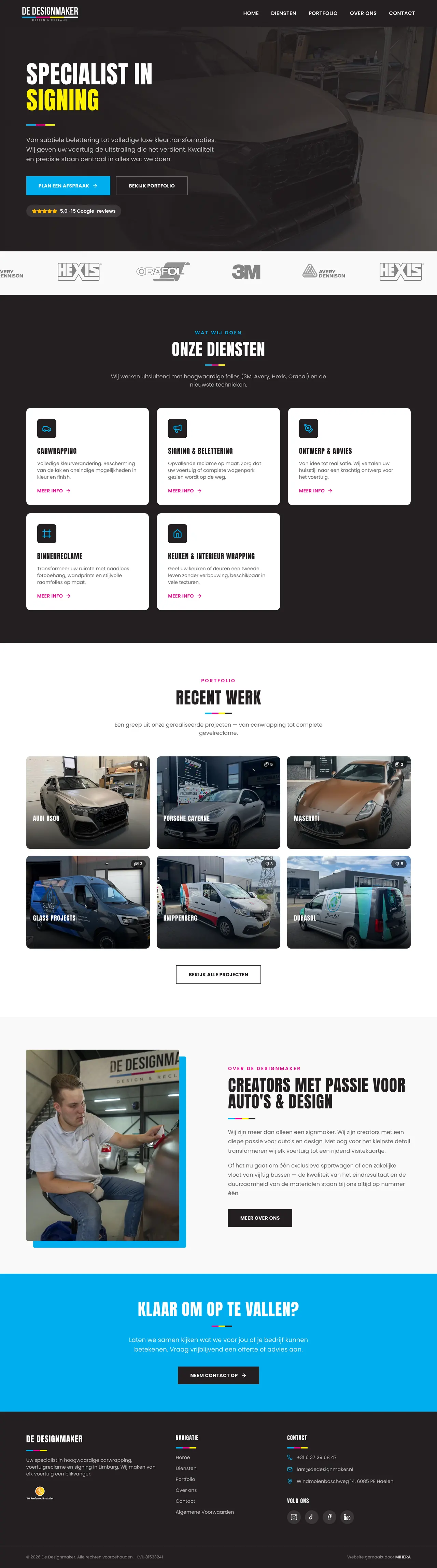 Volledige homepage van De Designmaker, website gemaakt door MIHERA