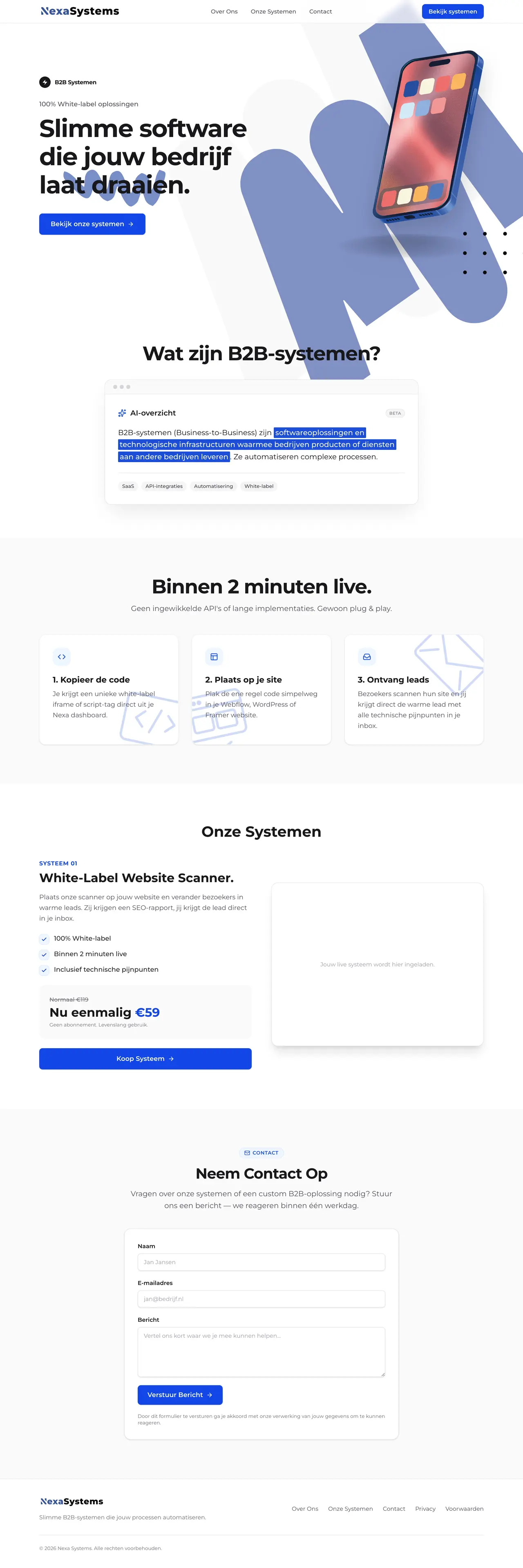 Volledige homepage van NexaSystems, website gemaakt door MIHERA