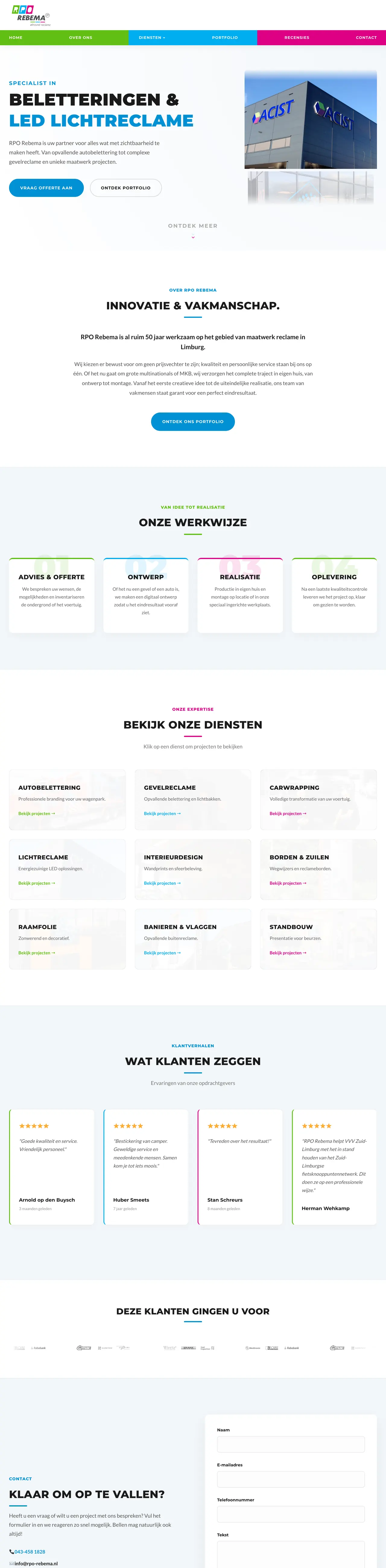 Volledige homepage van RPO Rebema, website gemaakt door MIHERA